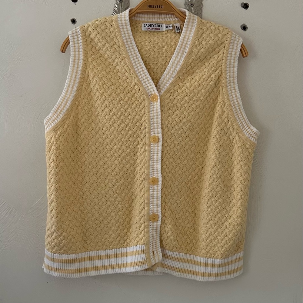 Vintage 90s Golf Vest Sweater Preppy Yellow White Button Up Knit Hand Framed